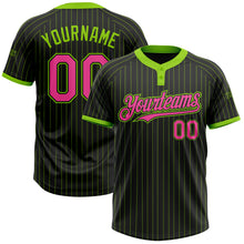 Load image into Gallery viewer, Custom Black Neon Green Pinstripe Pink Two-Button Unisex Softball Jersey
