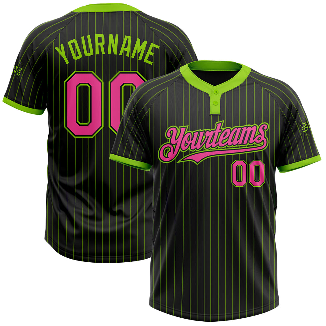 Custom Black Neon Green Pinstripe Pink Two-Button Unisex Softball Jersey