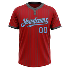 Load image into Gallery viewer, Custom Red Steel Gray Pinstripe Light Blue Two-Button Unisex Softball Jersey
