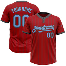 Load image into Gallery viewer, Custom Red Steel Gray Pinstripe Light Blue Two-Button Unisex Softball Jersey
