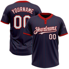 Load image into Gallery viewer, Custom Navy Red Pinstripe White Two-Button Unisex Softball Jersey
