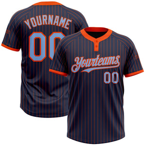 Custom Navy Orange Pinstripe Light Blue Two-Button Unisex Softball Jersey