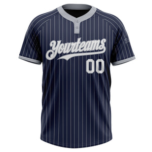 Custom Navy Gray Pinstripe White Two-Button Unisex Softball Jersey