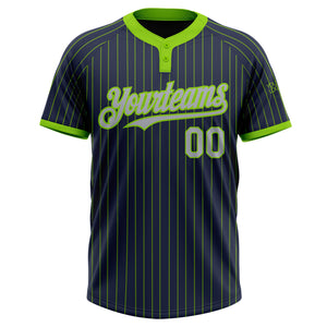 Custom Navy Neon Green Pinstripe Gray Two-Button Unisex Softball Jersey