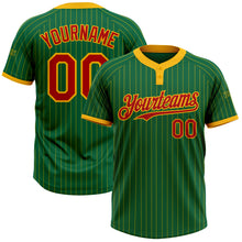 Load image into Gallery viewer, Custom Kelly Green Gold Pinstripe Red Two-Button Unisex Softball Jersey
