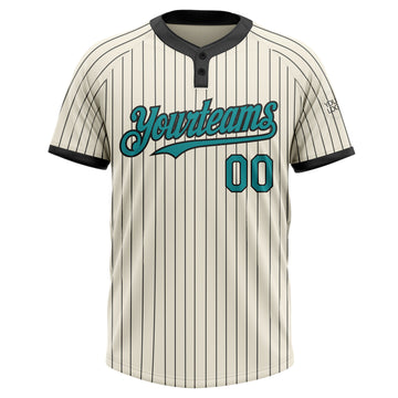 Custom Cream Black Pinstripe Teal Two-Button Unisex Softball Jersey