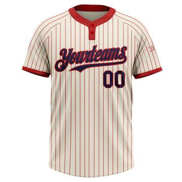 Custom Cream Red Pinstripe Navy Two-Button Unisex Softball Jersey