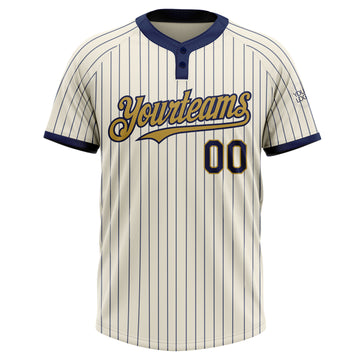 Custom Cream Navy Pinstripe Old Gold Two-Button Unisex Softball Jersey