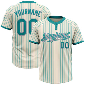 Custom Cream Teal Pinstripe Gray Two-Button Unisex Softball Jersey