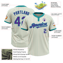 Load image into Gallery viewer, Custom Cream Teal Pinstripe Purple Two-Button Unisex Softball Jersey
