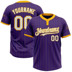 Custom Purple Gold Pinstripe White Two-Button Unisex Softball Jersey