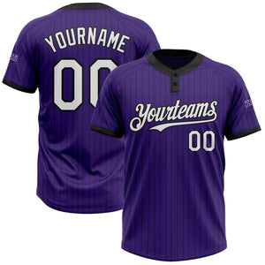 Custom Purple Black Pinstripe White Two-Button Unisex Softball Jersey