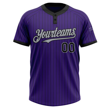 Custom Purple Black Pinstripe Gray Two-Button Unisex Softball Jersey