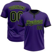 Load image into Gallery viewer, Custom Purple Black Pinstripe Neon Green Two-Button Unisex Softball Jersey
