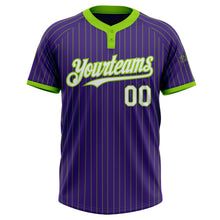 Load image into Gallery viewer, Custom Purple Neon Green Pinstripe White Two-Button Unisex Softball Jersey
