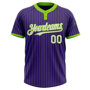 Custom Purple Neon Green Pinstripe White Two-Button Unisex Softball Jersey