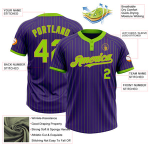 Custom Purple Neon Green Pinstripe Old Gold Two-Button Unisex Softball Jersey