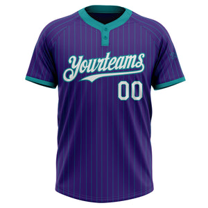 Custom Purple Teal Pinstripe White Two-Button Unisex Softball Jersey