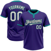 Load image into Gallery viewer, Custom Purple Teal Pinstripe White-Black Two-Button Unisex Softball Jersey
