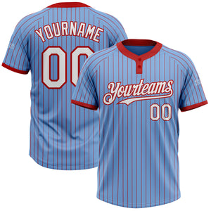 Custom Light Blue Red Pinstripe White Two-Button Unisex Softball Jersey