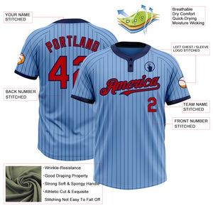 Custom Light Blue Navy Pinstripe Red Two-Button Unisex Softball Jersey