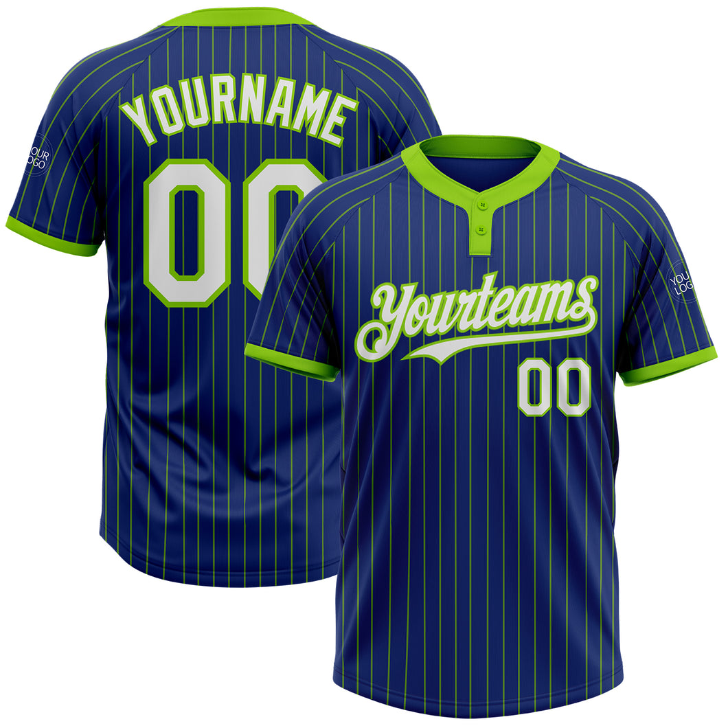 Custom Royal Neon Green Pinstripe White Two-Button Unisex Softball Jersey