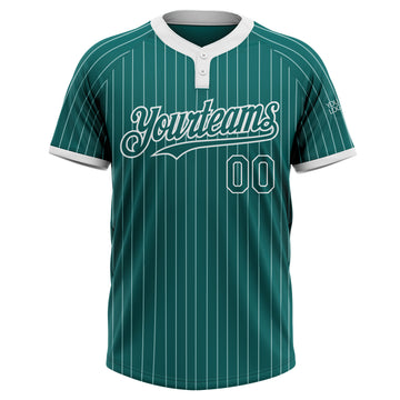 Custom Teal White Pinstripe White Two-Button Unisex Softball Jersey