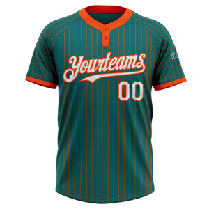 Custom Teal Orange Pinstripe White Two-Button Unisex Softball Jersey