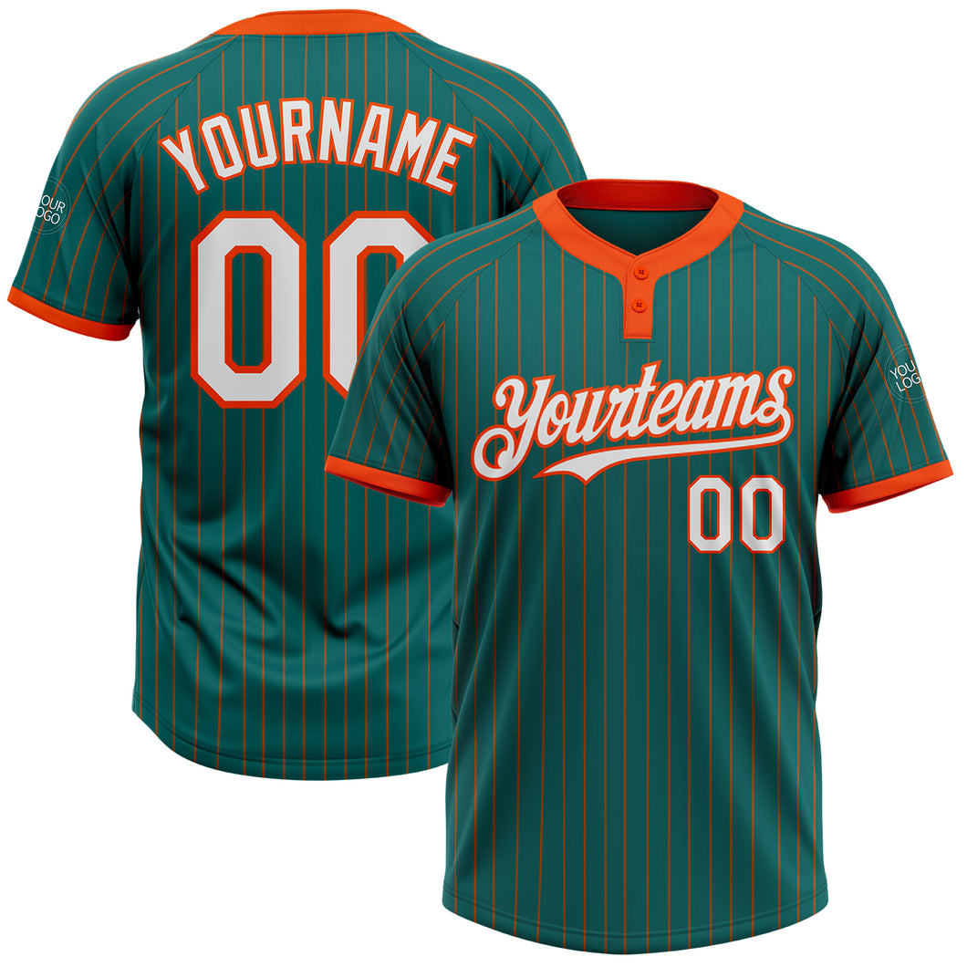 Custom Teal Orange Pinstripe White Two-Button Unisex Softball Jersey