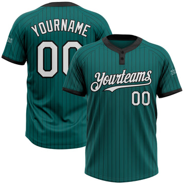 Custom Teal Black Pinstripe White Two-Button Unisex Softball Jersey