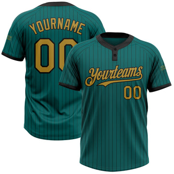 Custom Teal Black Pinstripe Old Gold Two-Button Unisex Softball Jersey