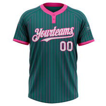 Load image into Gallery viewer, Custom Teal Pink Pinstripe White Two-Button Unisex Softball Jersey
