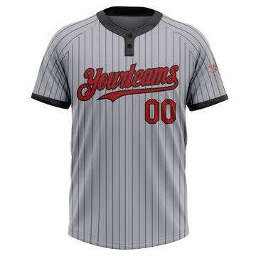 Custom Gray Black Pinstripe Red Two-Button Unisex Softball Jersey