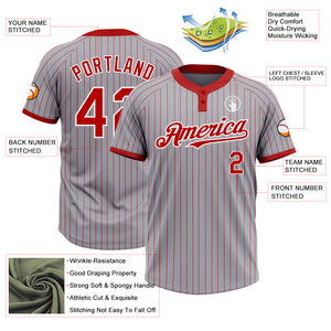 Custom Gray Red Pinstripe White Two-Button Unisex Softball Jersey