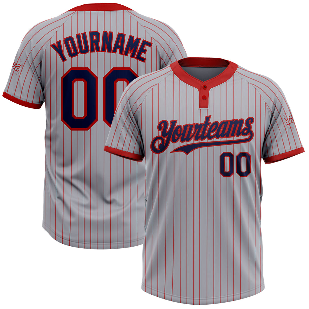 Custom Gray Red Pinstripe Navy Two-Button Unisex Softball Jersey