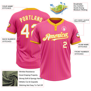 Custom Pink Gold Pinstripe White Two-Button Unisex Softball Jersey