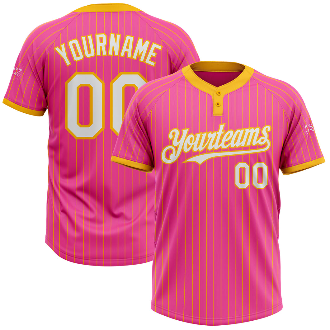 Custom Pink Gold Pinstripe White Two-Button Unisex Softball Jersey