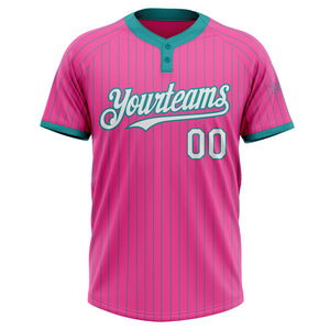 Custom Pink Teal Pinstripe White Two-Button Unisex Softball Jersey