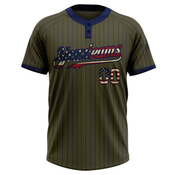 Custom Olive Navy Pinstripe Vintage USA Flag Salute To Service Two-Button Unisex Softball Jersey
