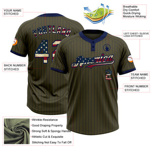 Custom Olive Navy Pinstripe Vintage USA Flag Salute To Service Two-Button Unisex Softball Jersey