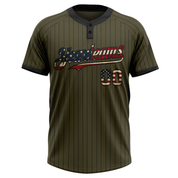 Custom Olive Black Pinstripe Vintage USA Flag Salute To Service Two-Button Unisex Softball Jersey