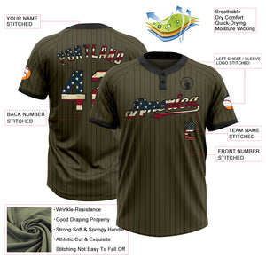Custom Olive Black Pinstripe Vintage USA Flag Salute To Service Two-Button Unisex Softball Jersey