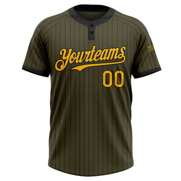 Custom Olive Black Pinstripe Gold Salute To Service Two-Button Unisex Softball Jersey