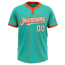 Load image into Gallery viewer, Custom Aqua Orange Pinstripe White Two-Button Unisex Softball Jersey
