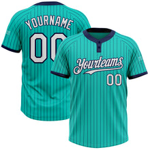 Load image into Gallery viewer, Custom Aqua Navy Pinstripe White Two-Button Unisex Softball Jersey
