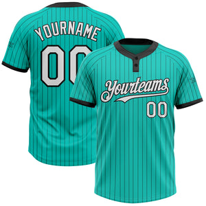 Custom Aqua Black Pinstripe White Two-Button Unisex Softball Jersey