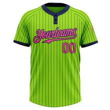 Load image into Gallery viewer, Custom Neon Green Navy Pinstripe Pink Two-Button Unisex Softball Jersey
