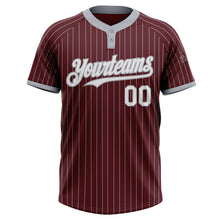Load image into Gallery viewer, Custom Burgundy Gray Pinstripe White Two-Button Unisex Softball Jersey
