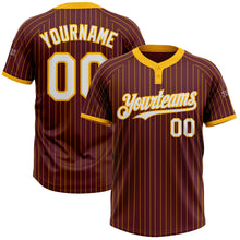 Load image into Gallery viewer, Custom Burgundy Gold Pinstripe White Two-Button Unisex Softball Jersey
