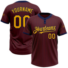 Load image into Gallery viewer, Custom Burgundy Navy Pinstripe Gold Two-Button Unisex Softball Jersey
